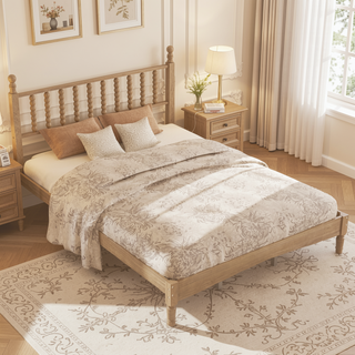 Sunvega Retro Style Queen Size Wood Platform Bed with Gourd Shaped Headboard and Slat Support