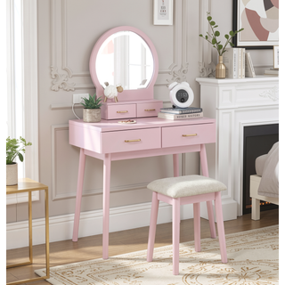 Sunvega Pink Finish Vanity Dresser with Mirror and Stool Set LED Light