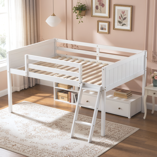 Sunvega White Full Size Low Loft Wood Bed with Convertible Left or Right Ladder