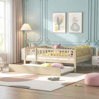 Sunvega Natural Twin Size Wood Daybed with Trundle and Fence Guardrails