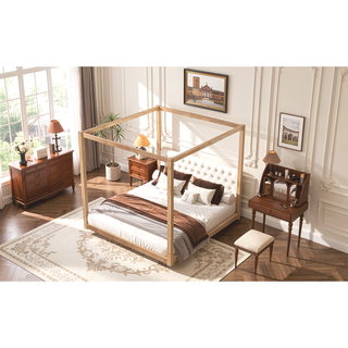 Sunvega White Queen Size Canopy Platform Bed with Support Legs and Sturdy Frame