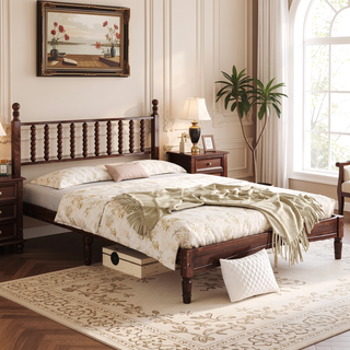Sunvega Retro Style Queen Size Wood Platform Bed with Gourd Shaped Headboard and Slat Support