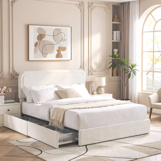 Sunvega Queen Size Ivory Boucle Upholstered Platform Bed with 4 Storage Drawers