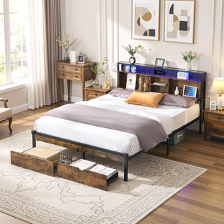 Sunvega Full Size Metal Platform Bed Frame with Wooden Headboard and Footboard