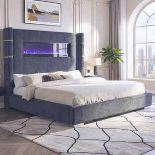 Sunvega Queen Size Upholstered Wingback Panel Bed with Black Corduroy and Flame Box