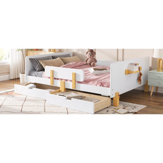 Sunvega Twin Size Solid Wood Platform Bed with Storage Drawers and Guardrail