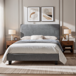 Sunvega King Size Upholstered Platform Bed with Button Tufted Linen Headboard