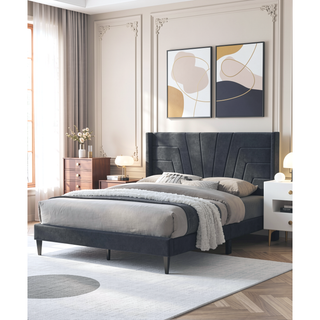 Sunvega Light Brown Queen Size Upholstered Burlap Fabric Headboard Platform Bed