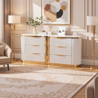 Sunvega White and Gold Six-Drawer Dresser with Soft-Closing Ball-Bearing Drawers