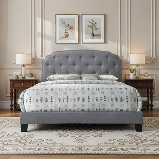 Sunvega Grey Upholstered Queen Panel Bed with Arched Headboard and Nailhead Trim