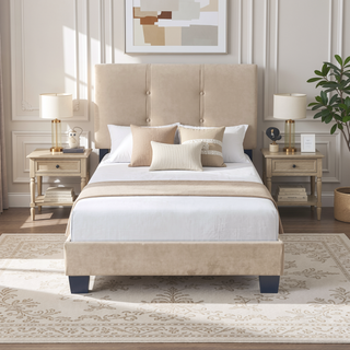 Sunvega Light Brown Velvet Upholstered Queen Platform Bed with Adjustable Height Headboard