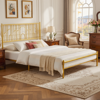 Sunvega Queen Size Metal Platform Bed Frame with Iron-Art Headboard and Under Bed Storage