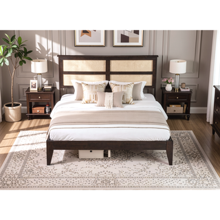 Sunvega Full Size Bed with Rattan Headboard Two Storage Drawers and Enhanced Support Slats