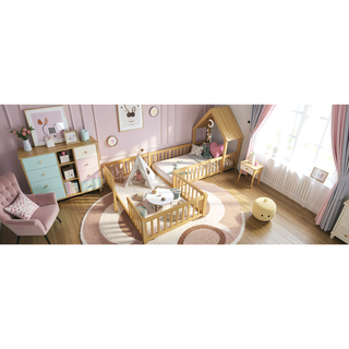 Sunvega Full Size House Floor Bed with Door and Full-Length Guardrails for Kids