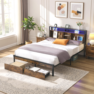 Sunvega Queen Size Metal Platform Bed Frame with Wooden Headboard and Footboard with USB Charging Station and 2 Drawers