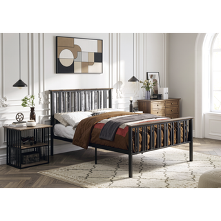 Sunvega Antique Oak and Black Finish Full Bed with Slatted Headboard and Footboard
