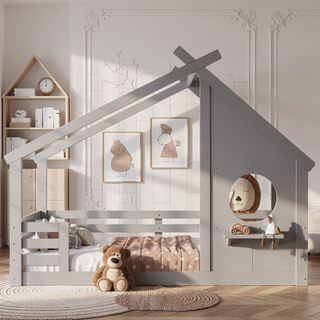 Sunvega White Twin House Floor Bed with Window and Shelf for Kids Room