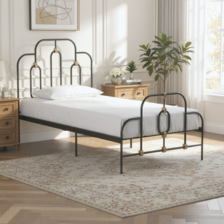 Sunvega Vintage Whimsical Metal Bed with Gold Detailing and Adjustable Base Height