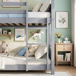Sunvega Twin Over Twin House Floor Bunk Bed with Headboards and Guardrails Ladder