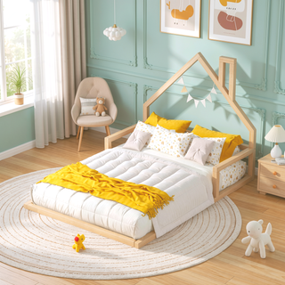 Sunvega Natural Wood Floor Bed with House-Shaped Headboard for Kids Room