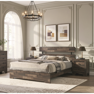 Sunvega Rustic Queen Platform Bed Slat Headboard with Brown Finish Wood Veneers