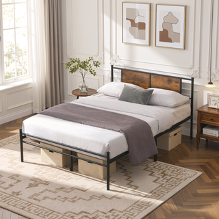 Sunvega King Size Metal Bedframe with Wood Panel Headboard and Under Storage