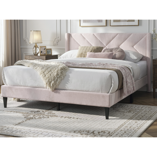 Sunvega Modern Light Pink Velvet Upholstered Queen Size Bed with Clean Lines Headboard