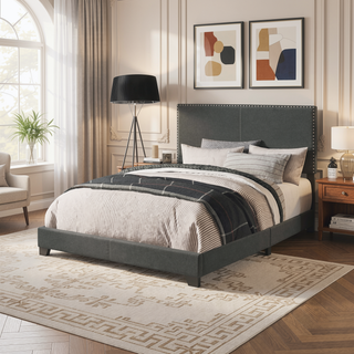 Sunvega Guyancourt Charcoal Upholstered Eastern King Panel Bed with Nailhead Trim