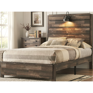 Sunvega Rustic Butcher Block Full Size Bed with Headboard Lamp and Black Pulls