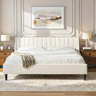 Sunvega Handmade Vertical Tufted Headboard Platform Bed Set in Light Beige Linen