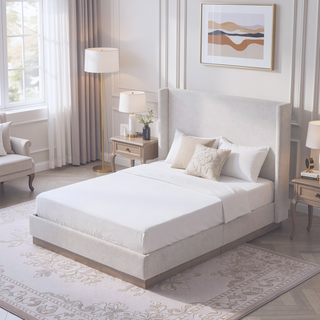 Sunvega Cream White Boucle Upholstered Wingback Bed with Wood Base Platform