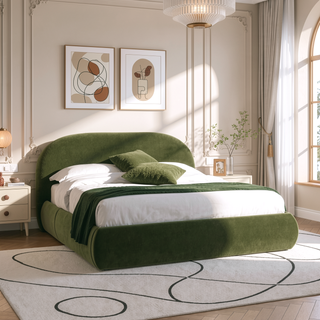 Sunvega Almond White King Upholstered Platform Bed with Arch Puffy Headboard