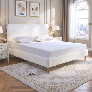 Sunvega Retro Modern Wavy Headboard Platform Bed with Upholstered Frame in Antique White