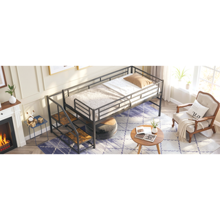 Sunvega Twin White Mid Loft Bed with Integrated Storage Stairs and Metal Frame