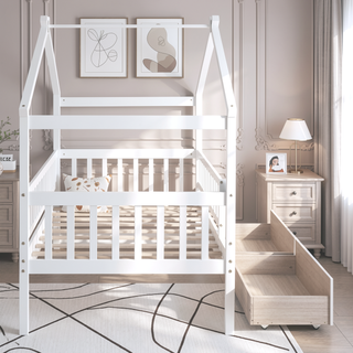 Sunvega Twin Size Wooden House Bed with Two Drawers and Headboard in White