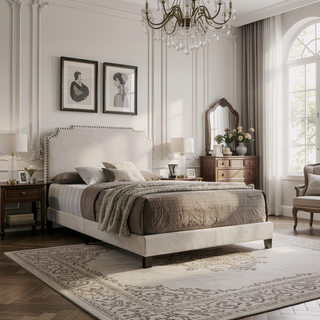 Sunvega Art Deco Inspired Queen Panel Bed with Nailhead Trim and Matte Metallic Finish