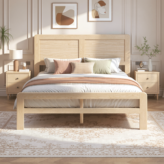 Sunvega Contemporary Natural Finish Full Size Platform Bed Frame with Headboard