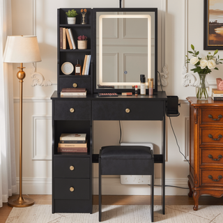 Sunvega Small Space Vanity Table with Cushioned Stool and Extra Large Sliding Mirror
