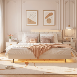 Sunvega King Floating Bed Frame with LED Light and Charging Station Upholstered Platform