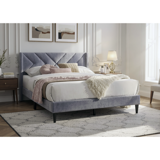 Sunvega Modern Gray Velvet Upholstered Queen Size Bed with Clean Lines Headboard