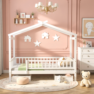 Sunvega Full Size House Bed Frame with Playhouse Fence and Roof for Kids