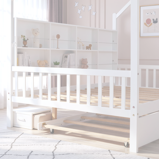 Sunvega Wooden Twin Size House Bed with Trundle and Playhouse Design Shelf
