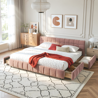 Sunvega Modern King Size Upholstered Bed with Storage Drawers and Soft Chenille Fabric