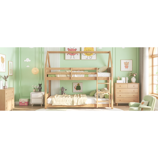 Sunvega Twin Over Twin Wooden House Bunk Bed with Headboards Footboards Guardrails Ladder