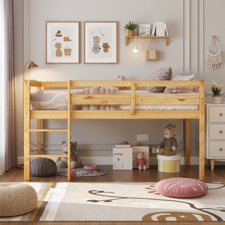 Sunvega Low Twin Wood Loft Bed with Ladder in Walnut for Kids Bedroom