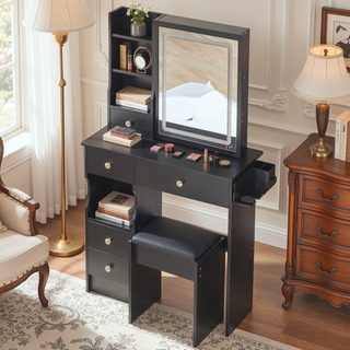 Sunvega Small Space Vanity Table with Cushioned Stool and Extra Large Sliding Mirror