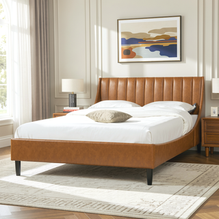 Sunvega Handmade Vertical Tufted Headboard Platform Bed Set in Light Beige Linen
