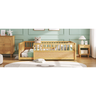 Sunvega Montessori Wooden Children's Floor Bed Frame with High Safety Fence