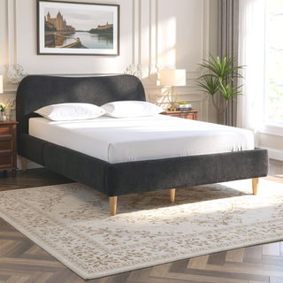 Sunvega King Upholstered Platform Bed with Curved Headboard in Oatmeal Chenille