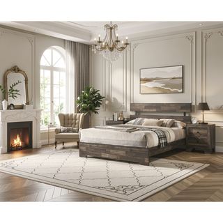 Sunvega Rustic Queen Platform Bed Slat Headboard with Brown Finish Wood Veneers
